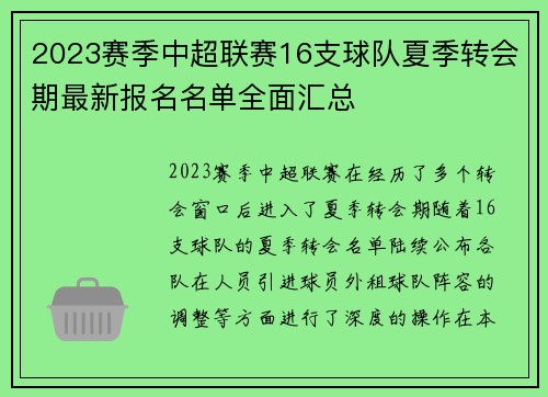 2023赛季中超联赛16支球队夏季转会期最新报名名单全面汇总